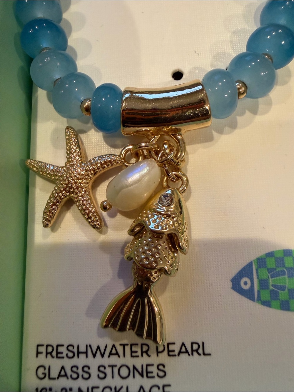 Piper K Blue Glass Beaded Necklace with Gold Sea Charms and Pearl